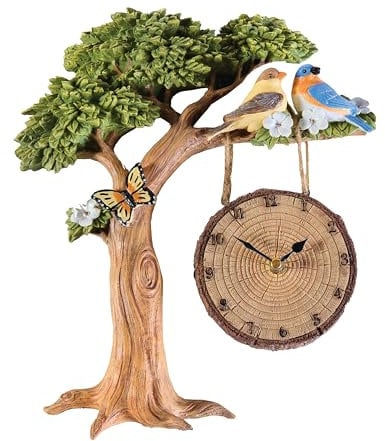 Coopers of Stortford - Oak Tree Clock with Birds - Decorative Outdoor Wall Clock - Natural Wood Effect - Weather-Resistant Resin - Garden Fence & Shed Décor - Battery Operated