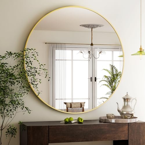 BEAUTYPEAK Round Mirror, 75cm Wall Mirror with Aluminium Alloy Frame, HD Glass that can be Hung, Suitable for Home Decor, Bathroom and Dressing Table, Gold