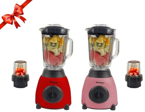 Bistro Chef 2-in-1 Nuts Ice Crushing Mixer Blender 850W, Professional Handheld Kitchen Blender 1.5L for Smoothie Maker, Fruit Juice, Shake, Made from Glass & Stainless Steel (Red & Pink, Pack of 2)