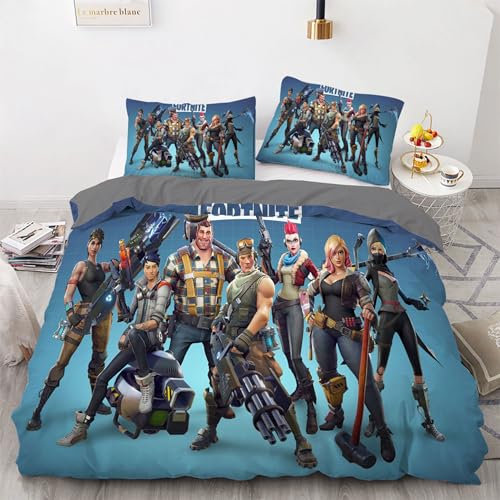 Housse de Couette Fortnite 140 x 200 cm Literie Gamer Garçons Filles Parure de lit en Microfibre Motif Dessin animé Literie et 2 taie d'oreiller (65 x 65 cm) Oeko-Tex avec Fermeture éclair