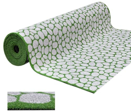 emmevi Kunstrasen mit Steineffekt, Teppich für Boden, Kunstrasen, Kieselsteine, 1 x 4 m