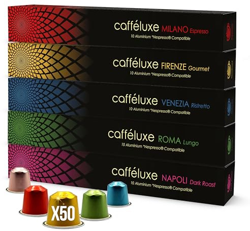 Cafféluxe Taste Of Italy Aluminium Nespresso® Coffee Pods – Flavoured Coffee Pods Nespresso® Compatible Capsules Includes Firenze, Milano, Napoli, Roma, and Venezia – 50 Pods - Gift Set
