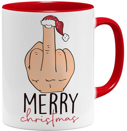 OM3® freche Merry Christmas Kaffee-Tasse mit Mittelfinger - Weihnachtstasse - Geschenkidee - Keramik Becher - 325ml - Beidseitig Bedruckt - Rot