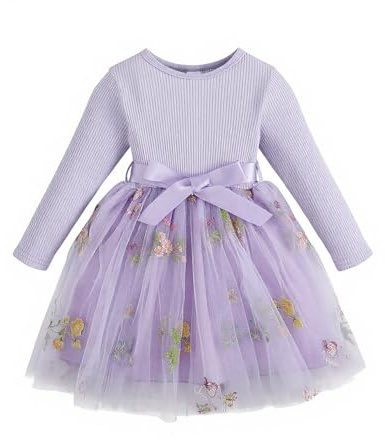 JiAmy Flower Girls Dresses Embroidery Bow Dress Kids Long Sleeves Ribbed Knit Top Tulle Skirt with Belt for 3-4 Year Old, Purple Flower