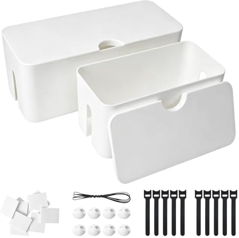 COEWUR 2er-Set Kabelbox Kabelmanagementbox 2-Size Kabel Organizer Box mit Deckel Klein und Mittel Kabel Verstecken Box Aufbewahrungsbox für Steckdosenleisten & Adapter Kabelsammler,Weiß
