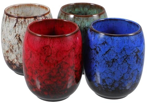 COLLBATH Tazas de Té de Cerámica Japonesa Esmaltadas Tenmoku, Juego de 4 Unidades Multicolor, Diseño Minimalista sin Asa, Ideales para Ceremonias de Té y Uso Doméstico