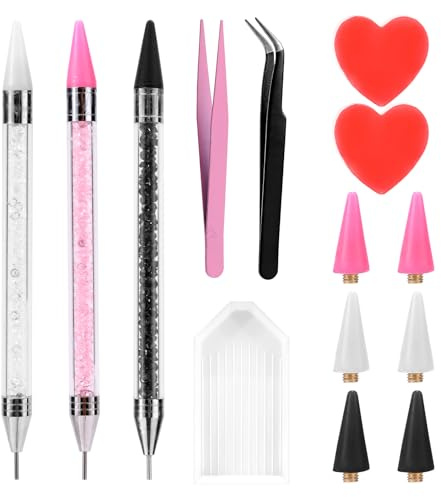 14pcs Bedazzling Rhinestone Picker Tool Kit for Diamond Painting, Nail Art | Include 3 Dual-End Wax Pen, 6 Wax Tip, 2 Clay Pad, 1 Plate, 1 Straight & Curved Tweezer Set for Nail Charm Gem Crystal Pickup