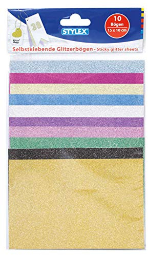 Stylex 46454 - Glitzerpapier selbstklebend, 10 Bögen, 15 x 10 cm sortiert in 10 verschiedenen Farben, lässt sich individuell zuschneiden und klebt auf fast allen Materialien