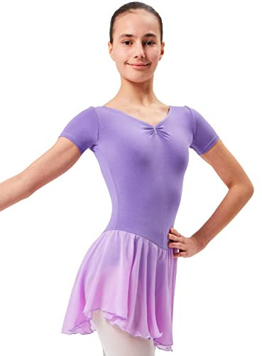tanzmuster ® Ballettkleid Mädchen Kurzarm - Betty - aus Baumwolle mit Glitzersteinen und Chiffon Röckchen in lavendel, Größe:128/134