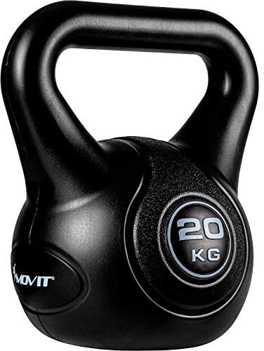 MOVIT Kettlebell STYLISH BLACK, Kugelhantel mit Bodenschonender Kunststoffhülle, 2 bis 20 kg, Schadstoffgeprüft, 20 kg Schwarz