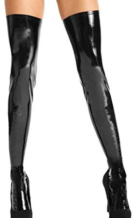 7Heaven Schwarze Lack Strümpfe S572 mit Fuss L/XL