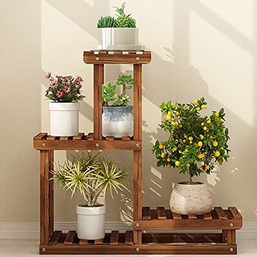 ZZRS Plant Stand Indoor Outdoor 3 Tier Vertical Carbonized Multiple Planter Holder Flower Ladder Stair Shelf Garden Balcony Patio Corner Pot Display Storage Rack (Color : Brown, Size : 70×71×25cm)
