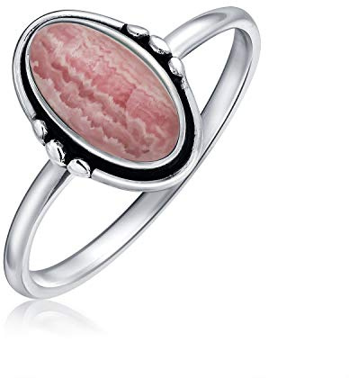 Bling Jewelry Westlicher Boho Zarter Fassung Ovaler Cabochon Edelsteinring: Rosenrosa Rhodochrosit Türkis Mondstein für Frauen Teen 1mm Dünnes Band Oxidiertes .925 Sterlingsilber