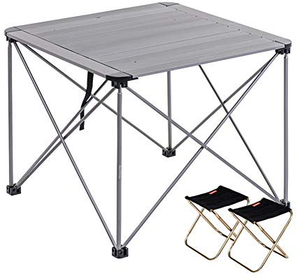 AIZYR Aluminium Leichtgewicht Camping Tisch mit 2 Klapphocker, Falten Picknicktisch mit Aluminium Tischplatte und Tragetasche zum Kochen/Wandern,B,L