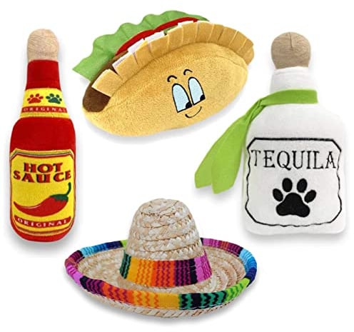 Baja Ponchos Fiesta Hundespielzeug und Sombrero – mexikanisches Quietsch-Plüschtier – Hundegeschenke für Chihuahuas – Taco – Tequila – heiße Sauce