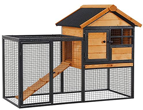 PawHut 2-Level Rabbit Hutch Bunny House with Weatherproof Hinged Asphalt Roof, Removable Tray and Ramp for Outdoor