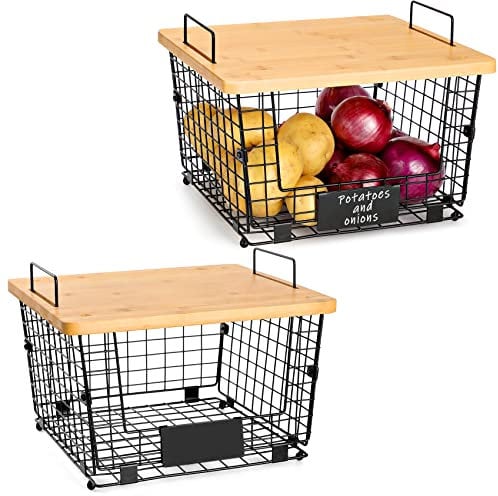 2 Set Kitchen Counter Basket with Bamboo Top - Pantry Cabinet Organization and Storage Wire Basket - Countertop Organizer for Produce, Fruit, Vegetable (Onion, Potato), Bread, K-Cup Coffee Pods