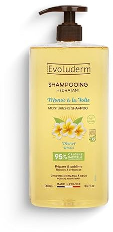 EVOLUDERM Feuchtigkeitsspendendes Monoï-Shampoo mit Folie – 1000 ml – 95% natürlicher Herkunft – vegan