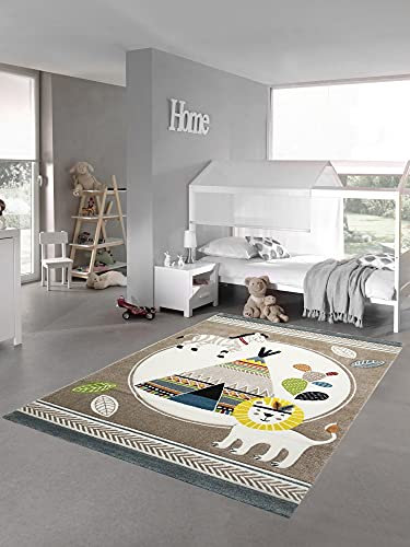 Teppich-Traum Kinderzimmer Teppich Spielteppich Zelt Löwe Zebra Kaktus beige blau Creme braun Größe 160x230 cm