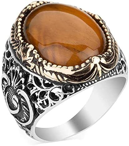 Herren-Ring aus 925er Sterlingsilber, brauner Tigerauge, arabischer Vav-Waw, spezielles Design, Vintage-Design, Stein, Tigerauge,