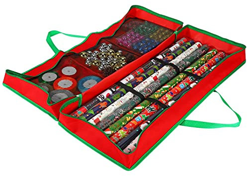 Vinsani® Christmas Xmas Decoration Gift Wrap Fabric Storage Bag Large Waterproof Accesories Décor Organiser (83 x 35 x 14 cm) for Wrapping Paper Rolls, Tags & Bows - Red
