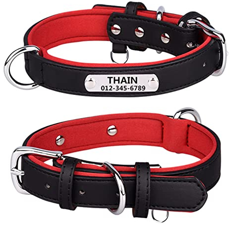 THAIN Personalised Dog Collars microfiber leather with free engraved name plate, neoprene padded Pet Collar for Puppy Small Medium Large Dogs (Black, L(neck 14.1-18.1))