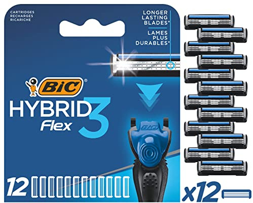 BIC Rasierklingen für Herren Rasierer Hybrid 3 Flex, 12er Nachfüllpack für den Nassrasierer mit 3 Titanium Klingen