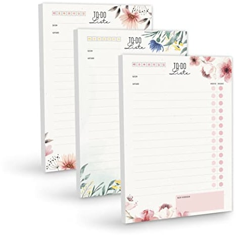 FRUITPRINTS 3er Set Blöcke, To-Do-Liste, Format A5, Motiv: Blumen, 3 Schreibblöcke je 50 Blatt, beidseitig bedruckt, Notizzettel, To Dos, To Do Liste