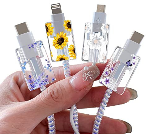 Flower Floral Lightning Cable Protector for iPhone Type-C Charger,Cute Lavender Sunflower Lace Blossom Pattern 4pcs Set Phone Cable Protector,Charging Cord Protector,Charger Saver (Lightning Cable)