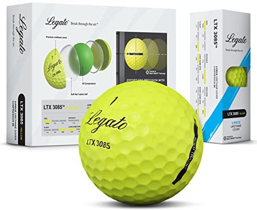 Legato Golf Balls LTX3085 | Maximized Distance with Soft Feel | 3 Piece | Urethane Cover | 85 Compression | Yellow | 1 Dozen (12 balls)