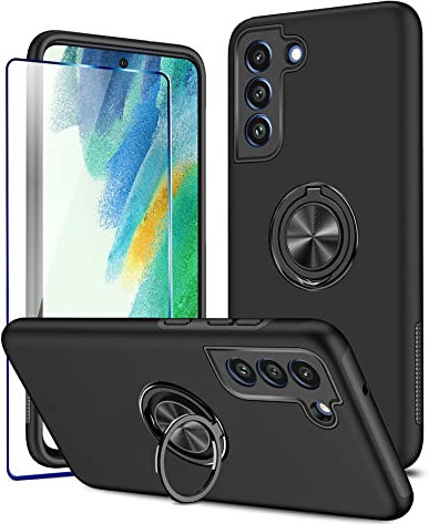 KRAFTCARE Hülle für Samsung Galaxy S21 FE (Nicht S21) mit 1 Pack Panzerglas Schutzfolie,Hülle mit Eingebetteter 360° Grad Ring,Magnetische Schutzhülle Stoßfest Case für Samsung S21 FE 5G-Schwarz