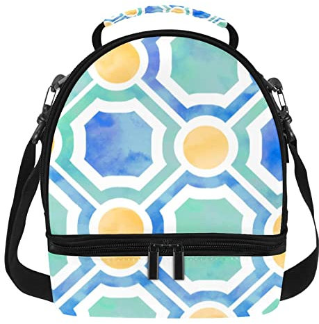 Lonchera de doble piso, con aislamiento, geométrico, azul, impermeable, térmica, grande