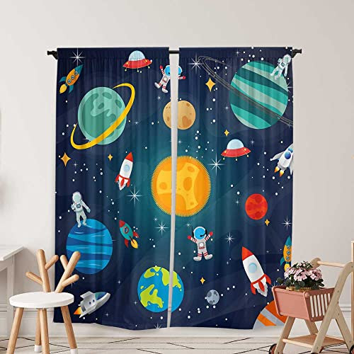 Yilinata Weltraum-Fenstervorhänge für Kinder, Jungen, Mädchen, Universum, Planet, Galaxie, Astronauten, Baby, Wohnzimmer, Schlafzimmer, Kinderzimmer, strapazierfähiger Stoff, 208.3x213x213.4 cm