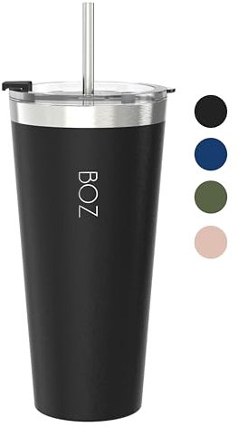 BOZ Bicchiere Termico con Cannuccia e Coperchio (650 ml, Nero) – Tazza con Cannuccia per Bevande Calde e Fredde in Acciaio Inossidabile – Bicchiere con Cannuccia Adulti Senza BPA