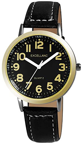 Excellanc Herren-Uhr Kunstleder Dornschließe Leuchtzeiger Analog Quarz 2900232 (schwarz schwarz goldfarbig)
