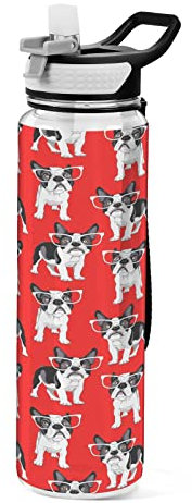 CHIFIGNO Funny French Bulldog on Red 32 Oz Water Bottle with Straw and Handle, Sport Water Bottles with Carrying Strap, Leakproof BPA Free Reusable Water Bottle