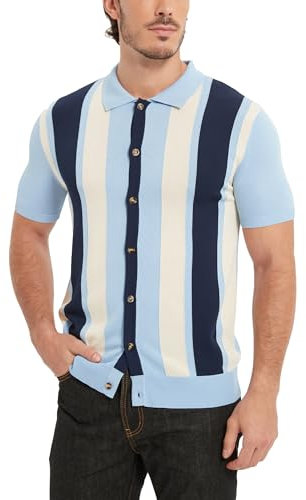 Kallspin Men's Vintage Knit Polo Shirt Short Sleeve Striped Button Down Knitting Golf Shirts(Blue Large)