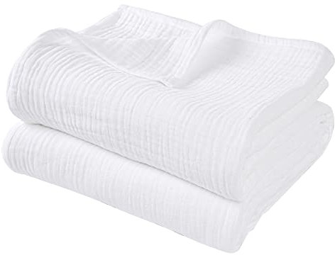 PHF 100% Baumwolle Musselin Decke 130x150cm, 4-lagige weiche hautfreundliche & atmungsaktive Tagesdecke, Ganzjahres-Komfort White Sofaüberwurf Couchdecke für Bett Sofa, Weiß