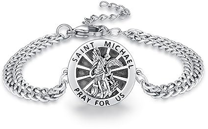 DOTBJ 925 Sterling Silber St. Michael Armband, katholischer Schutzpatron St. Michael Armband Geschenk für Herren Damen mit kubanischer Kette 18+5 cm.