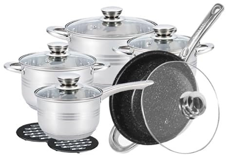 Royal Swiss® 18-Piece Stainless Steel 5-Layer Cookware Set, Frying Pan, Saucepan and Stock Pot with Glass Lid, Saucepans Suitable for All Heat Sources Including Induction (ARGENT, 13)