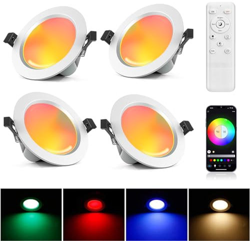 4er Bluetooth 9W LED Deckenspot Flach RGBWC+CCT, Smart Einbaustrahler 230V Dimmbar Mit Fernbedienung, Einbauleuchten Einbauspots Downlight, RGB+2700K-6500K, Musik Sync APP Steuerung