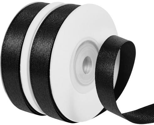 2 Rollen Geschenkband Schwarz, 1,2 cm x 44 m pro Rolle Satinband Schwarz Stoffband Dekoband Schleifenband Schwarz für Geschenkverpackung Bastelarbeiten Schleifen Partydekoration Valentinstag