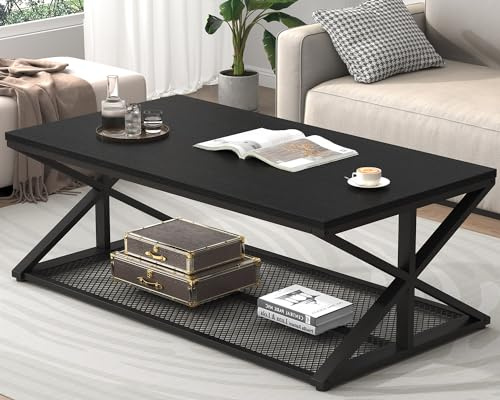 IBF Black Coffee Table with storage, Modern Wood Metal Rectangle Living Room Table, Industrial Middle Center Table with Mesh Shelf, Cocktail Tea Table for Kitchen Bedroom, Black Oak, 120 CM