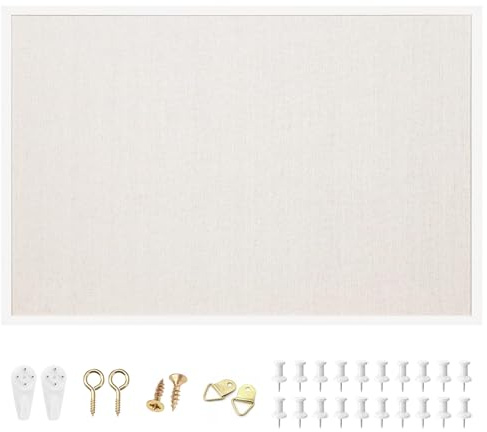 OWLKELA 24'' x 36'' Linen Bulletin Board, White Framed Corkboard, White Oak Frame Linen Cork Board, Vision Board and Decorative Hanging Pin Board