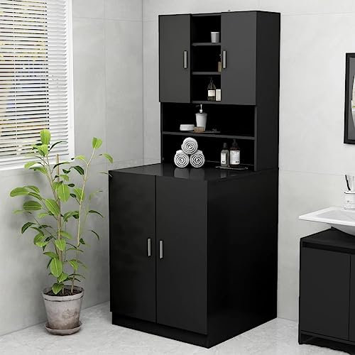 HXZZXS Waschmaschinenschrank mit Türen, schwarz, Spanplatte, 71 x 71,5 x 181,5 cm, Badezimmermöbel mit Türen, Waschmaschinenschrank, Hochschrank für Badezimmer