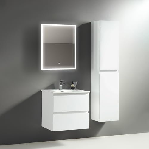 Alpenberger Badezimmermöbel Badmöbel Set | Waschbecken mit Unterschrank 60 cm Breit | Badschrank Hochschrank | Badezimmerspiegel mit Beleuchtung | Led Spiegel Bad (Vivento 60 Weiß)