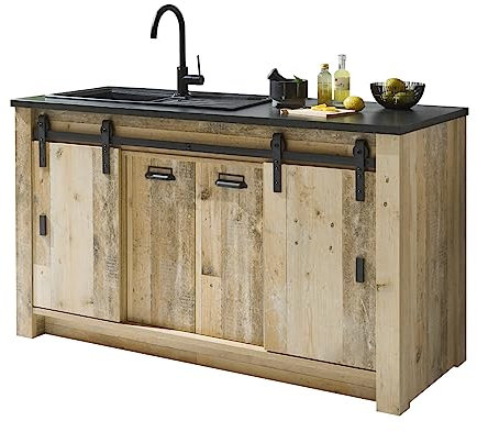 Furn.Design Küchenschrank Unterschrank in Old Used Wood hell und anthrazit/grau für Spüle oder Kochfeld Standschrank Kochfeldschrank 161 x 93 cm (Küchenschrank 161 cm)