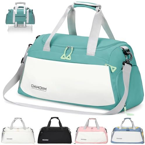 Damcyer Reisetasche Sporttasche Damen Reisetasche Groß 48x23x27 Sporttasche Mit Schuhfach Und Nassfach Wasserfest Handtasche Duffle Bag Für Sport & Reisen Für Männer Und Frauen, Weiß+Grün