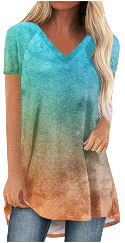 Oversize Lang Pullover Damen Longshirt Kurzarm T-Shirt Sommer Oberteile Elegant Einfarbig Tshirt Longbluse Große Größe V-Ausschnitt Longtops Loose Fit Bluse Shirts Übergröße Lose Pulli Geschenk