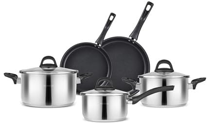 Karaca Gastro Stainless Steel Cookware Set 8-Piece, Casserole, Saucepan, Induction Kitchen Cooking Set for Daily Cooking, Elegant Silver Finish Pots and Pans with Lids